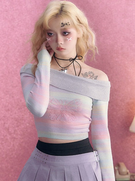 One-shoulder butterfly top + half pants pleated skirt