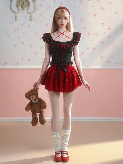 Sweet Cherry One-Shoulder Top + Short Skirt + Cake Shorts