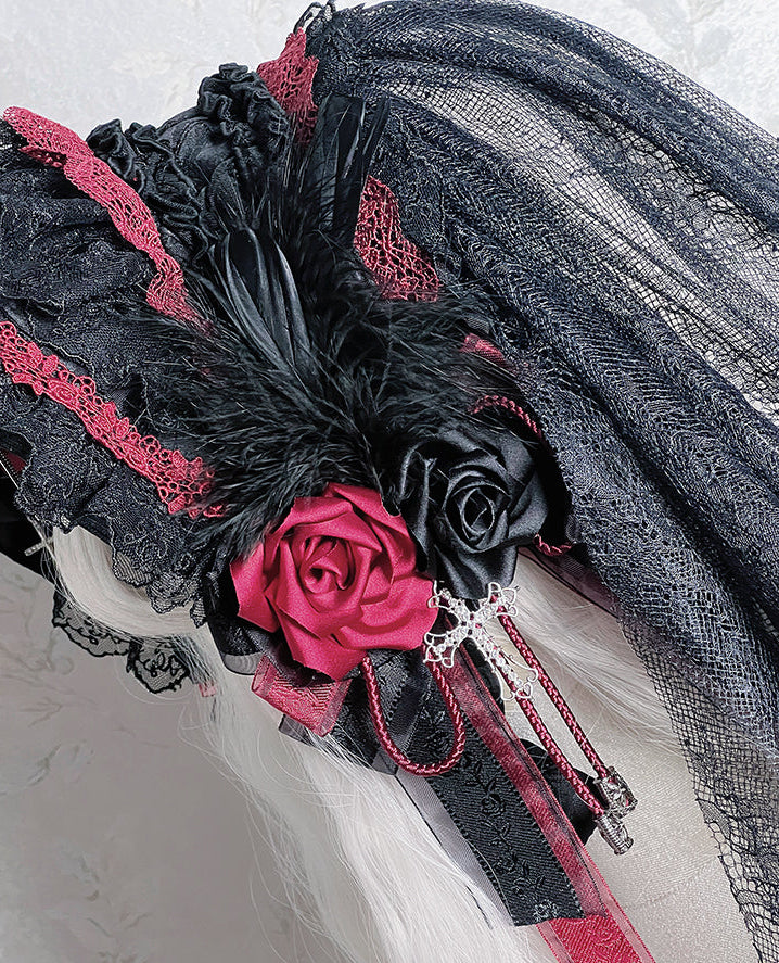 Black Mist Banquet Gothic Cross Rose Bonnet + Veil + Brooch