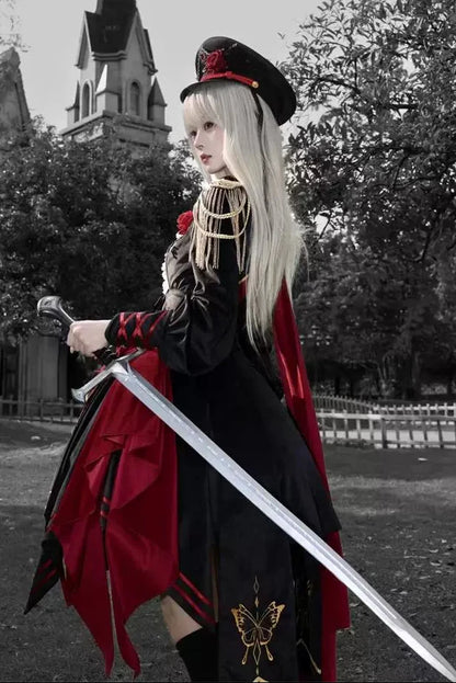 [Pre-order] Black and Red Military Gothic Lolita Asymmetrical Dress + Top + Sash + Brooch Set