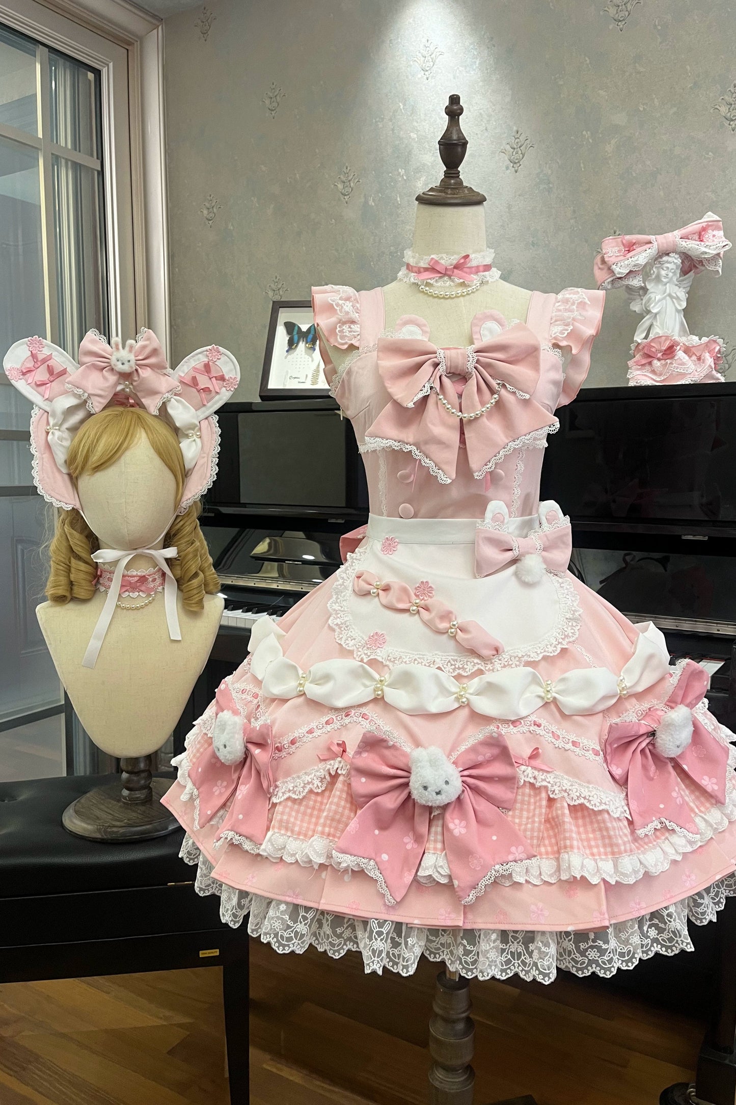 [Pre-order Deadline: April 6] Sweet Ruffled Bunny Lolita Jumper Skirt + Shirt + Headband + Bonnet + Headband + Sleeves + Necklace + Tail