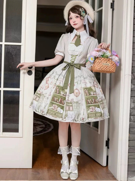 Pink, Kapok girl, Arlo's bookhouse, original elegant and cute lady, preppy style short sleeve op Lolita skirt