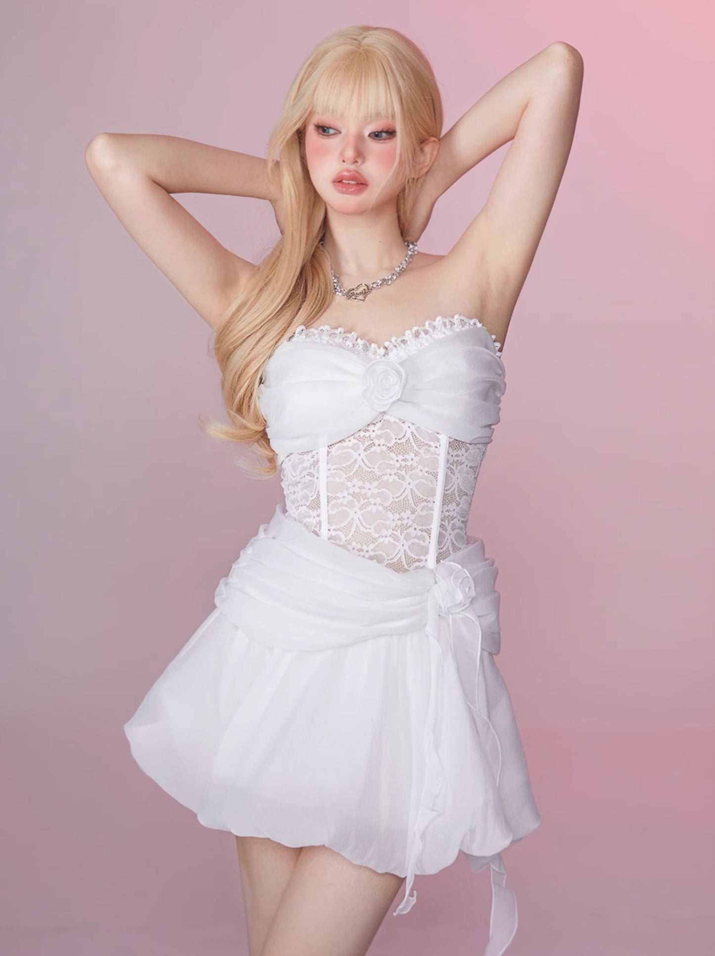 Swan Lace Princess Fluffy Mesh Bustier Dress