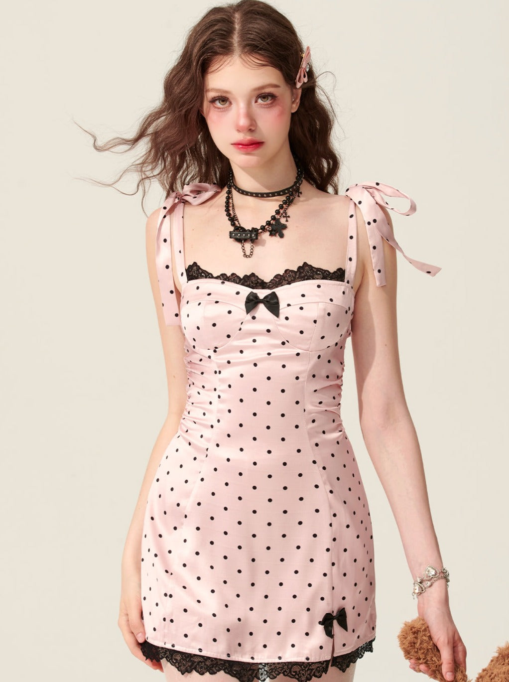 [5월 31일 20시 세일] 덜 눈 봄 복숭아 소녀 핑크 핑크 물방울 무늬 서스펜더 원피스 여성 여름