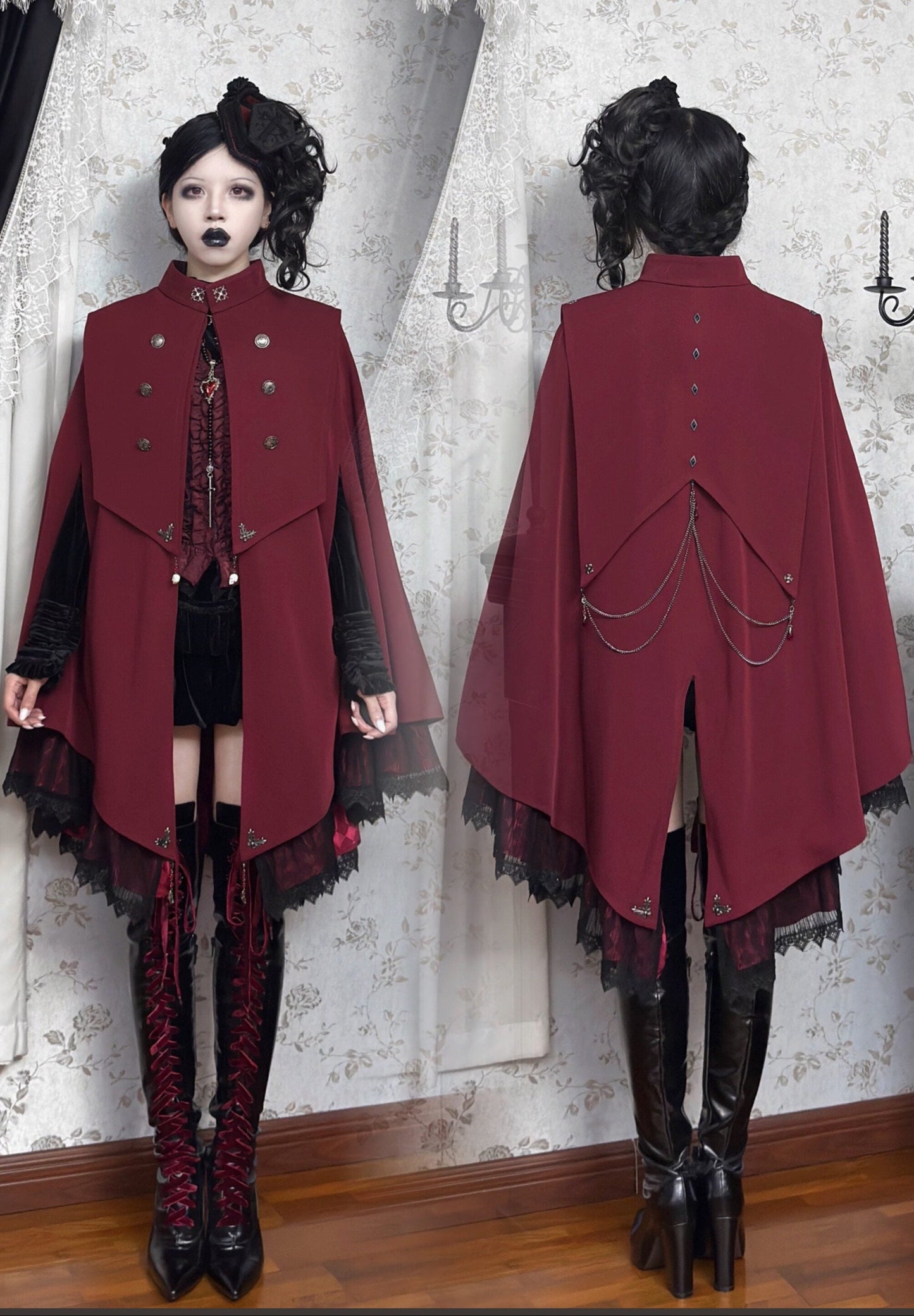 【9月5日予約締切】Dark Red/Dark Green Gothic Chain Layered Lace Cape Coat(Short Length/Long Length)