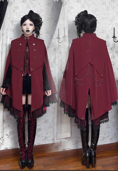 【9月5日予約締切】Dark Red/Dark Green Gothic Chain Layered Lace Cape Coat(Short Length/Long Length)
