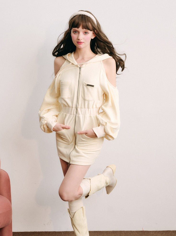 Cream Casual Sporty Hooded Dress