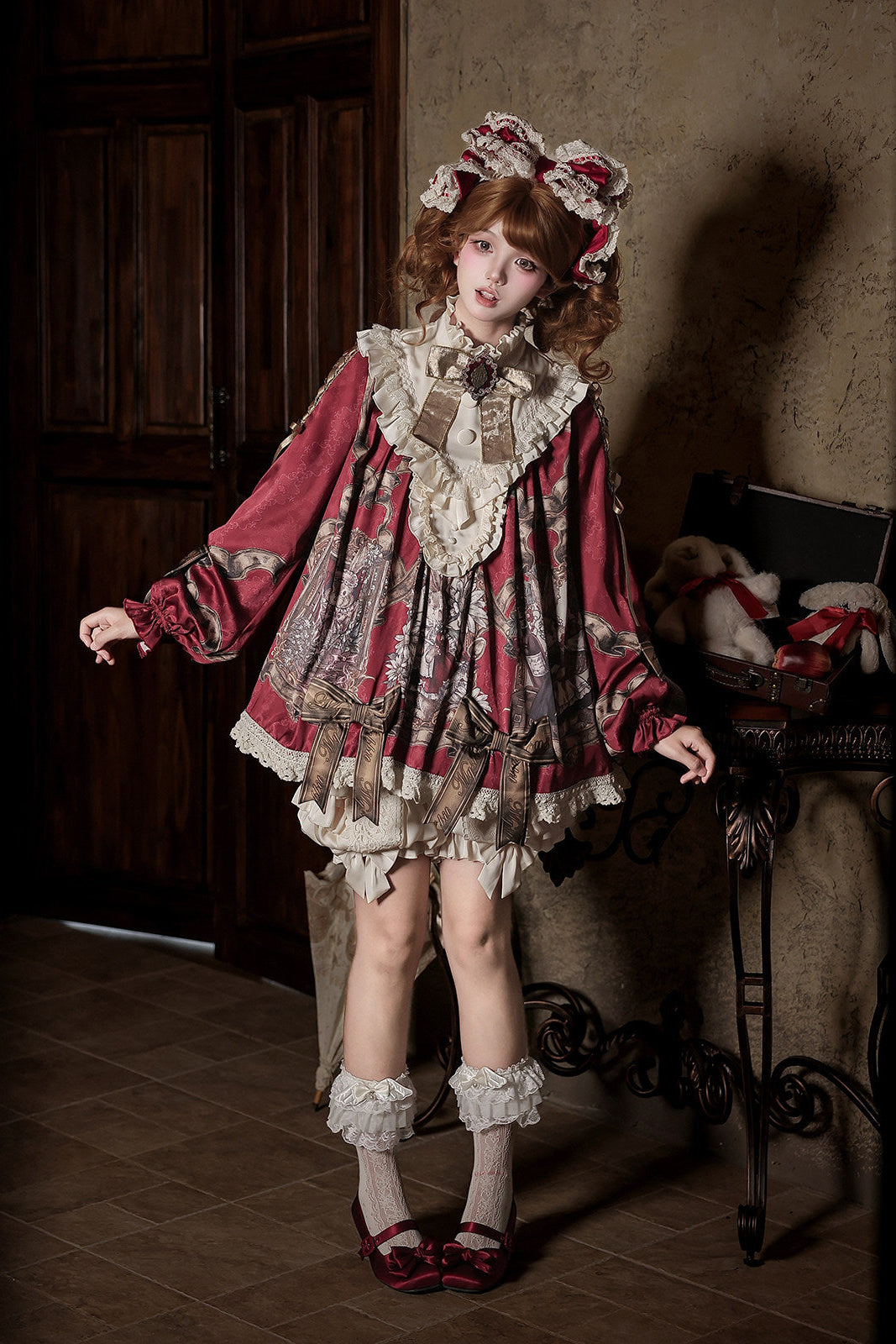 【11月3日予約締切】Antique Bow Burgundy Rabbit Print Frill Doll Dress + Shorts Set