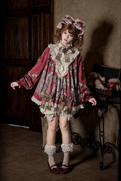 【11月3日予約締切】Antique Bow Burgundy Rabbit Print Frill Doll Dress + Shorts Set