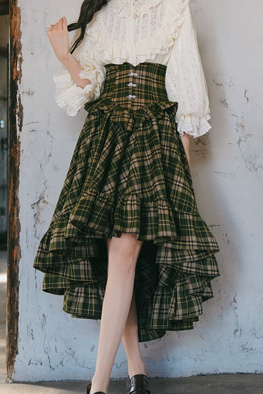 Retro Victoria Check Flared Asymmetrical Skirt