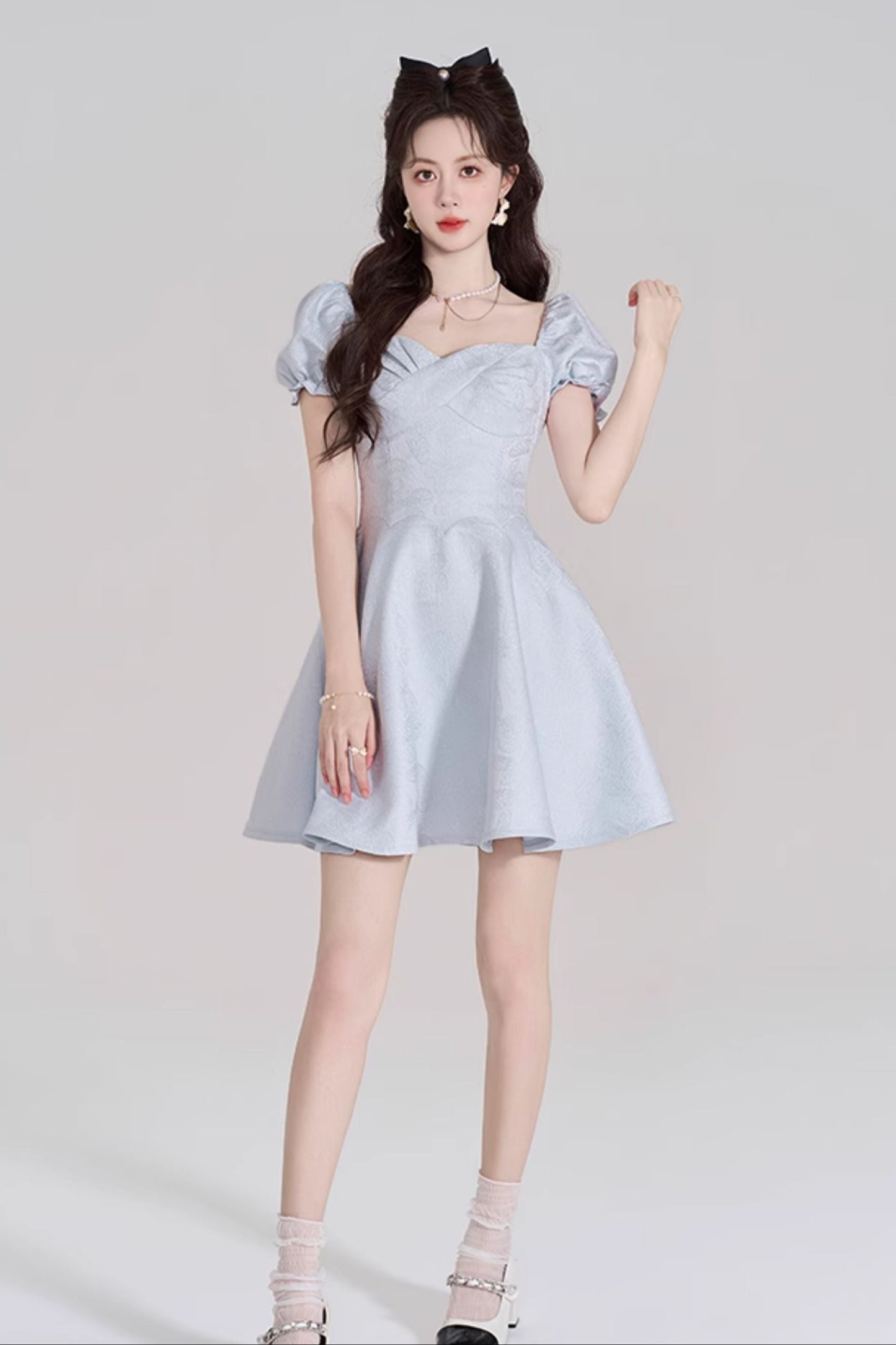 Blue Sweet French Puff Sleeve Dress