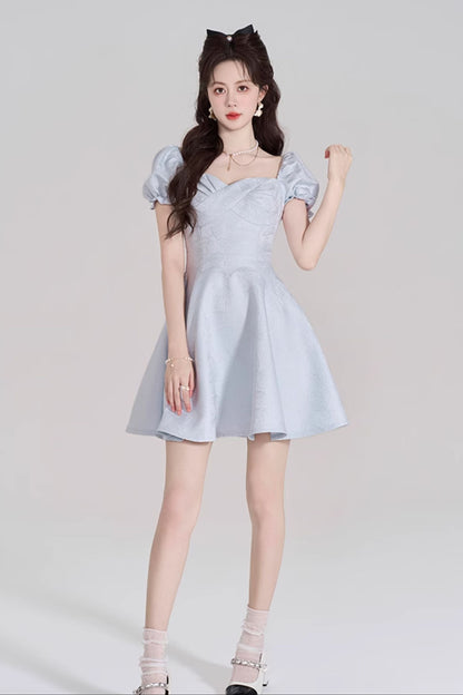 Blue Sweet French Puff Sleeve Dress