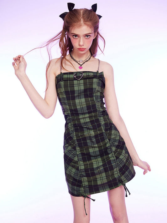 Heart Belt Check Drop Ruched Chain Suspension Dress 