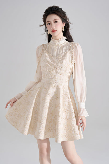 Vestido francés con cuello halter y escote en V + Camisa + Cárdigan
