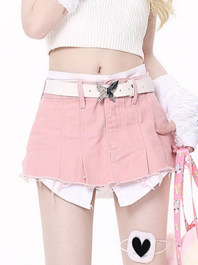 Pure Dazaia Pink & Blue Fake Two Piece Belt Belt Beat Skirt
