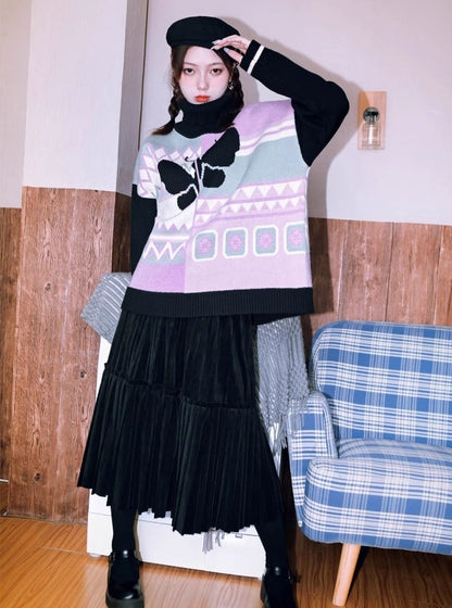 Morpho Turtleneck Retro Loose Contrast Jacquard Pullover Sweater