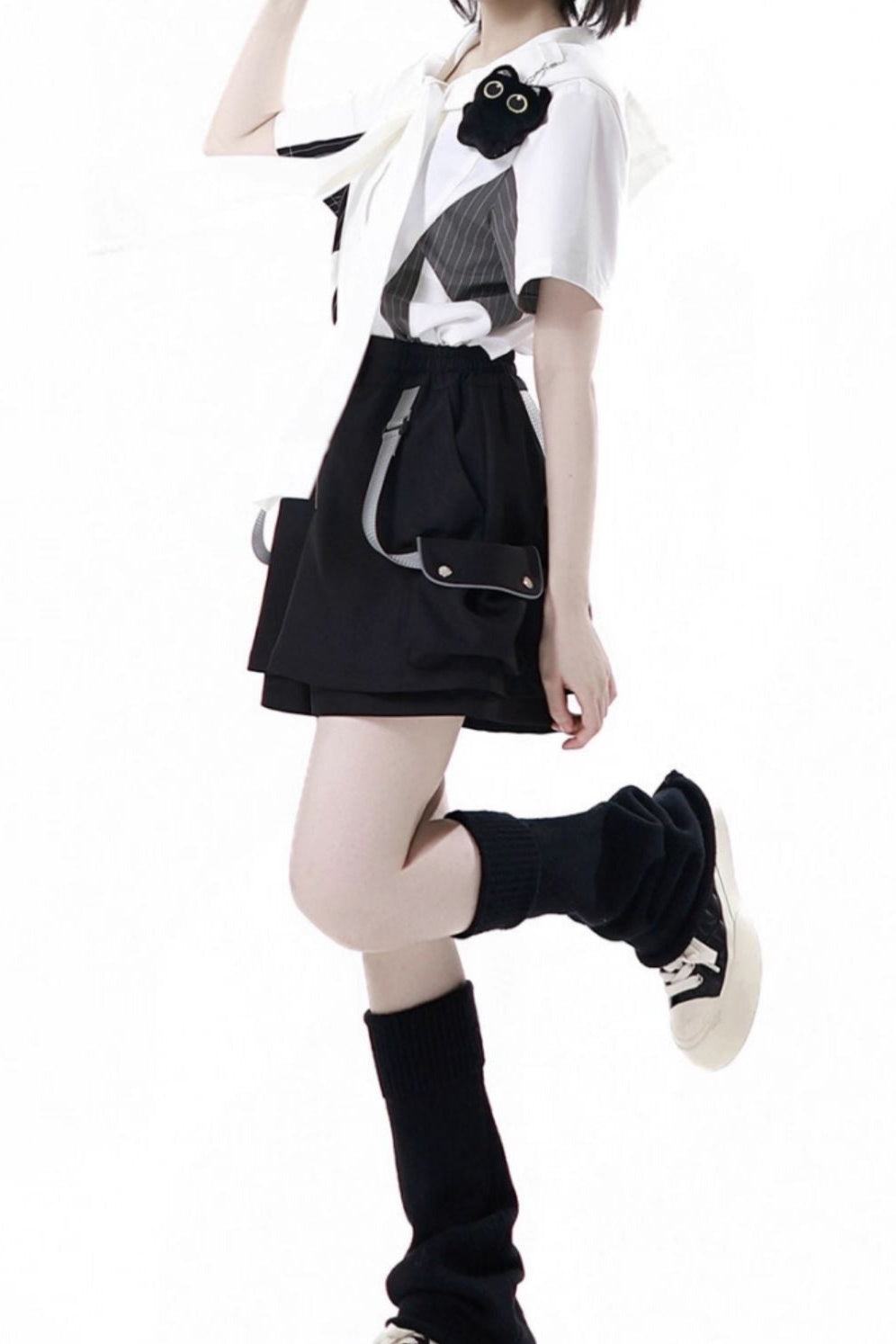 Casual stripe stitch design shirt + hooded shirt + + half pants + culottes + tie