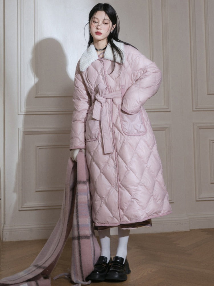 Milk Peach Diamond Line Waist Bow Long Quilted Coat