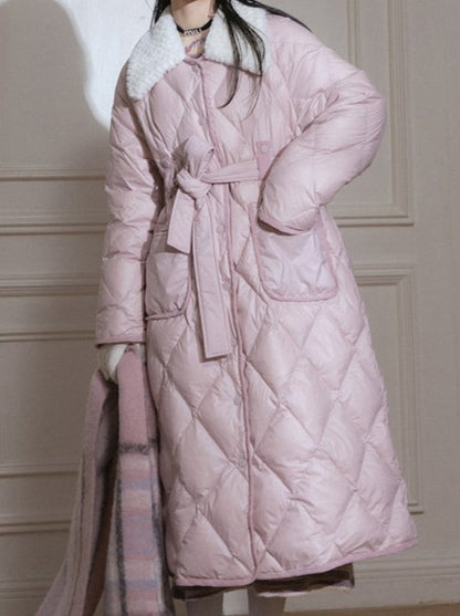 Milk Peach Diamond Line Waist Bow Long Quilted Coat