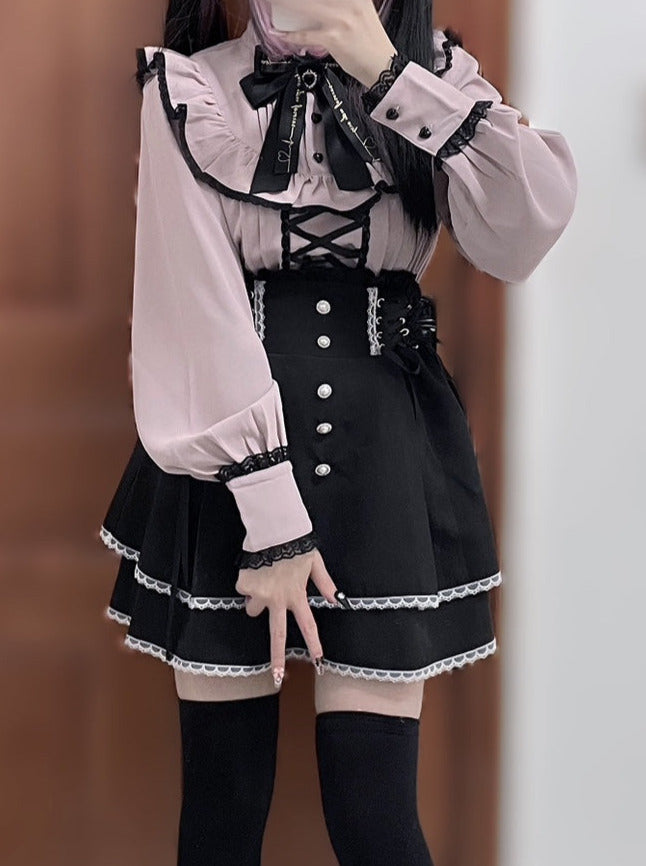 Lace Stand Collar Ruffle Mine Ribbon Shirt