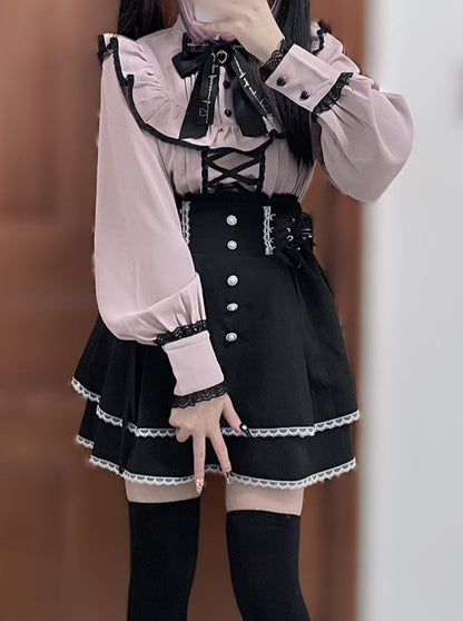 Lace Stand Collar Ruffle Mine Ribbon Shirt