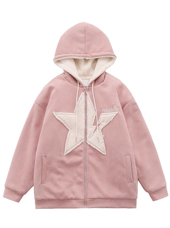 Suede Star Hooded Plus Velvet Sweatshirt Jacket