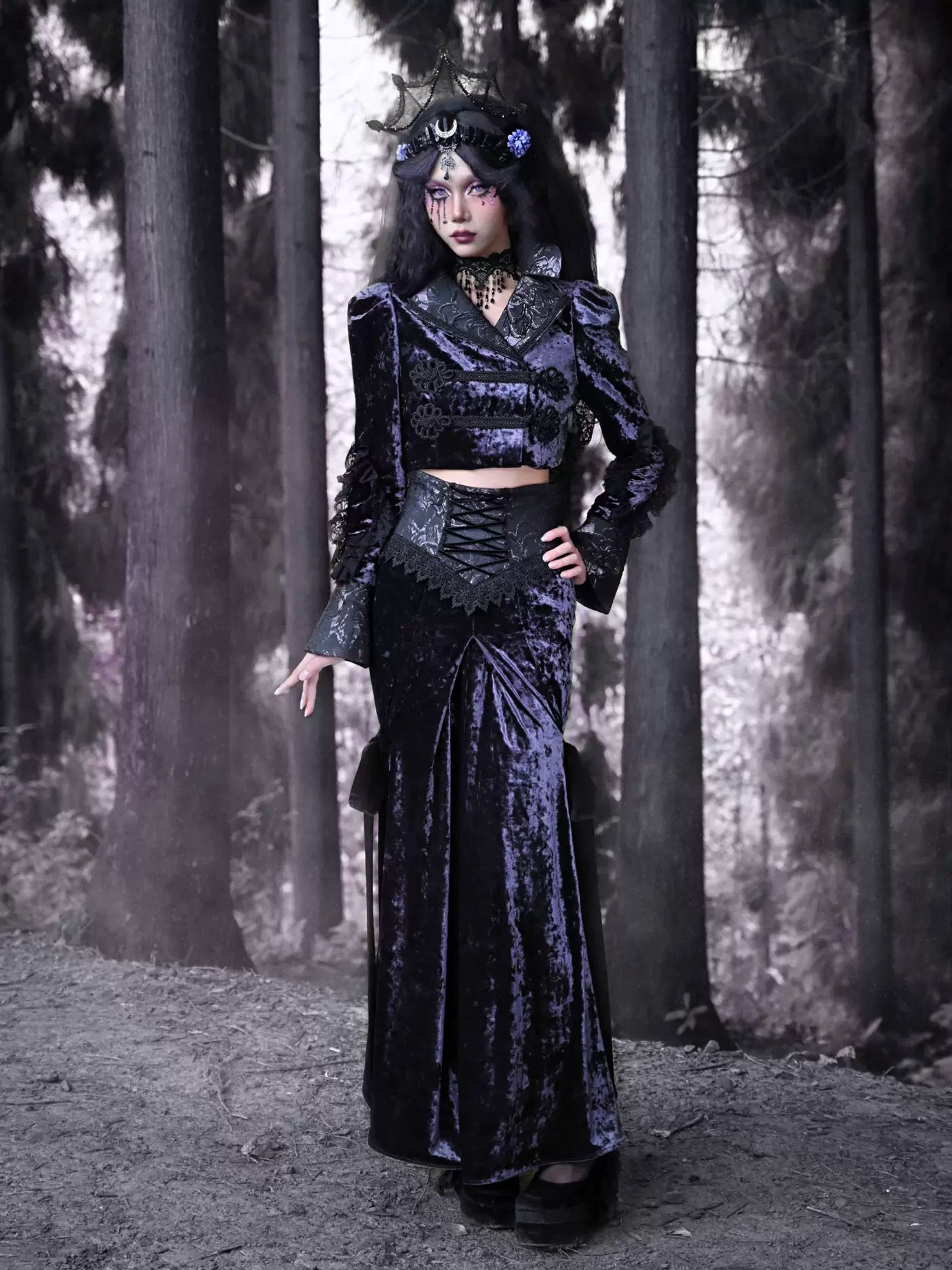 Luna Velvet Slim Gothic Ribbon Long Skirt