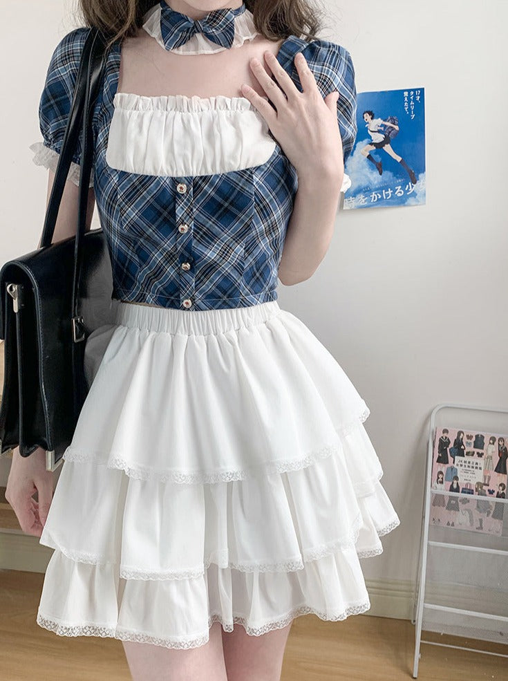 French check tops + flare skirt