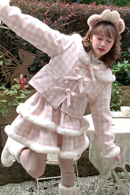 Peach Check Sweet Bow Coat + Check Tight Skirt + Fur Check Skirt