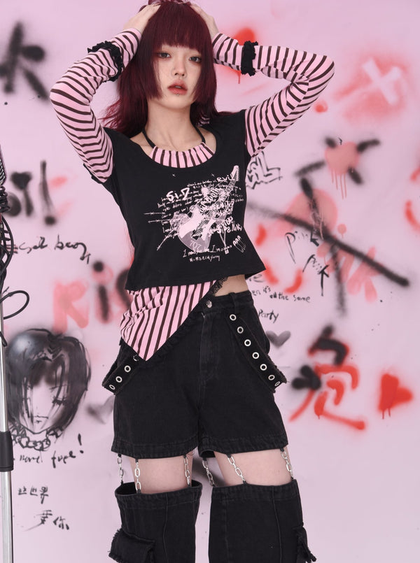 Striped two-piece punk-print top 