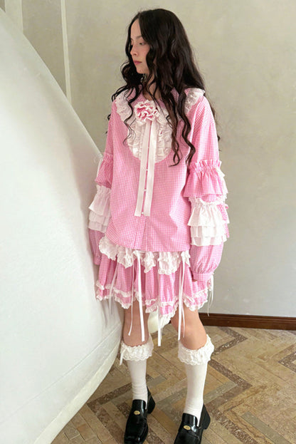 Camisa de patchwork con cuadrícula rosa muñeca