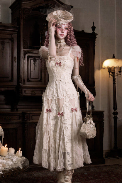 コットンラブハートリボンカットアウトレーススリップドレス