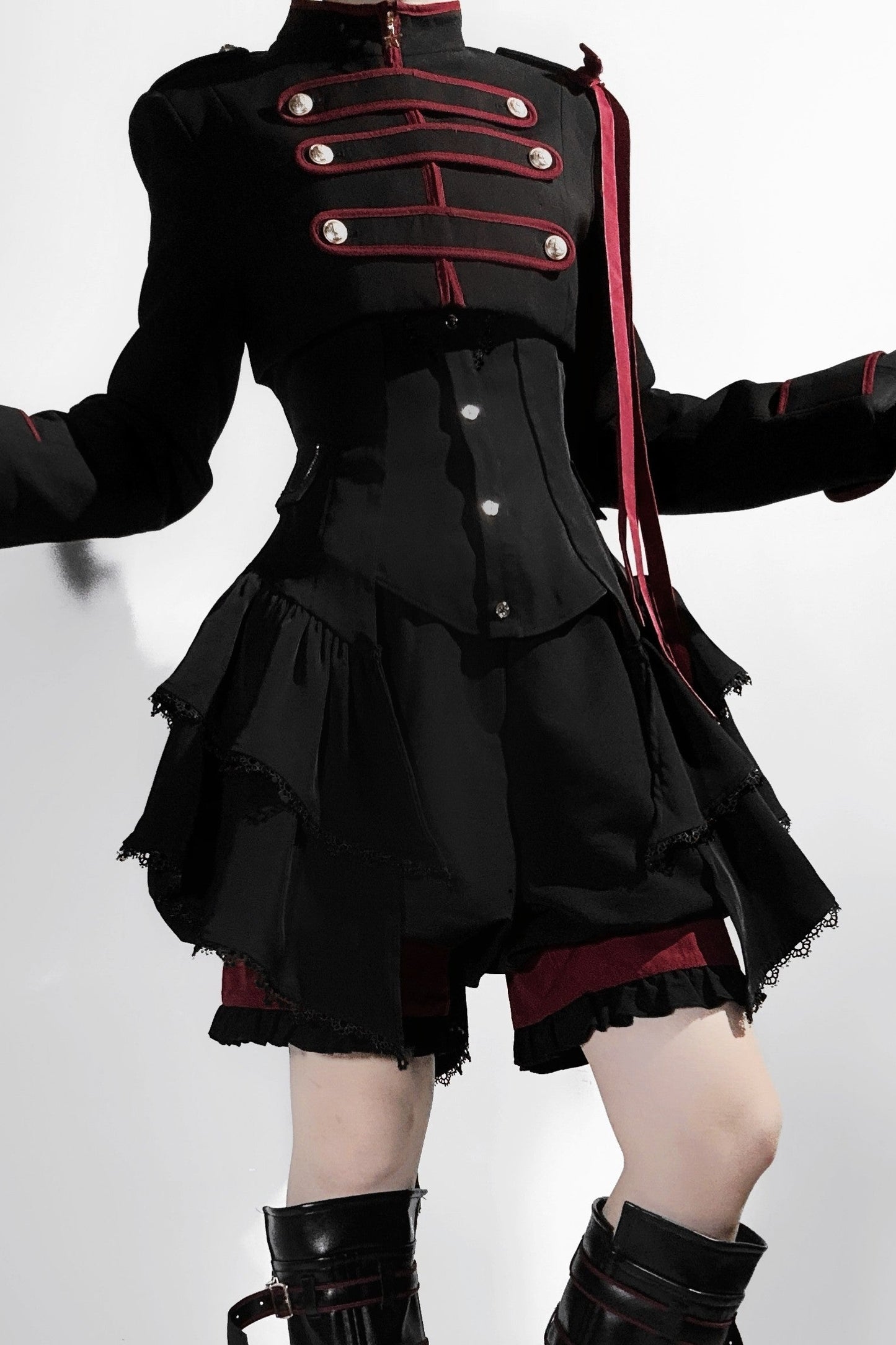 【9月13日予約締切】Black Red Military Ruffle Lolita Jacket (with epaulet bow) + Shirt + Short Skirt Set / Shorts Set + Complete set 1/2 (Officer cap + Leg covers + Sash)