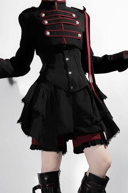 【9月13日予約締切】Black Red Military Ruffle Lolita Jacket (with epaulet bow) + Shirt + Short Skirt Set / Shorts Set + Complete set 1/2 (Officer cap + Leg covers + Sash)