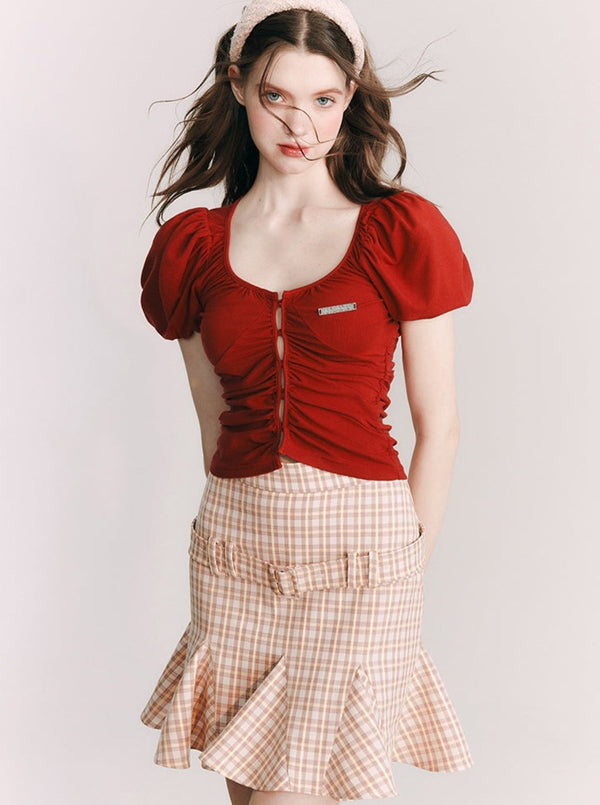 American Retro Slim Check Ruffle Skirt