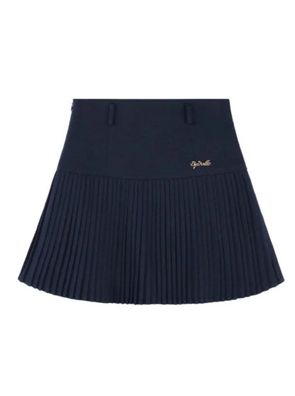 Navy-colored blue shirt + pleated skirt