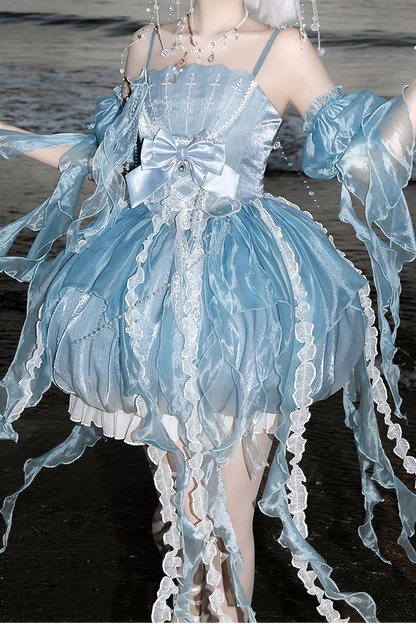 [Pre-order Deadline: September 5] Blue Fantasy Jellyfish Bow Ruffle Suspender Bubble Dress with Asymmetrical Hem+Puff Sleeves with Arm Sleeves