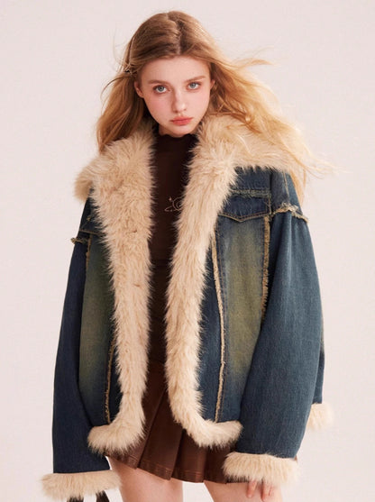 Retro fur stitch denim jacket