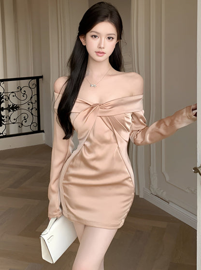Satin Champagne Collar One-Shoulder Slim Fit Dress