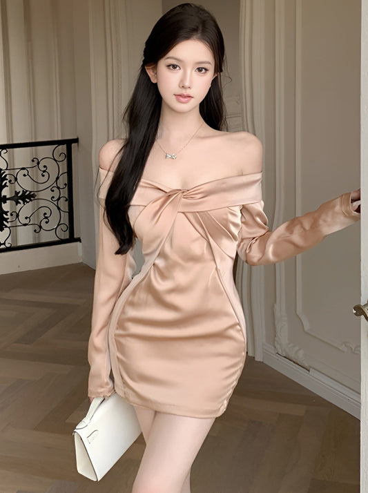SKIRT Ministers under the skirt Light luxury high-end champagne color one-shoulder temperament twist design slim dress