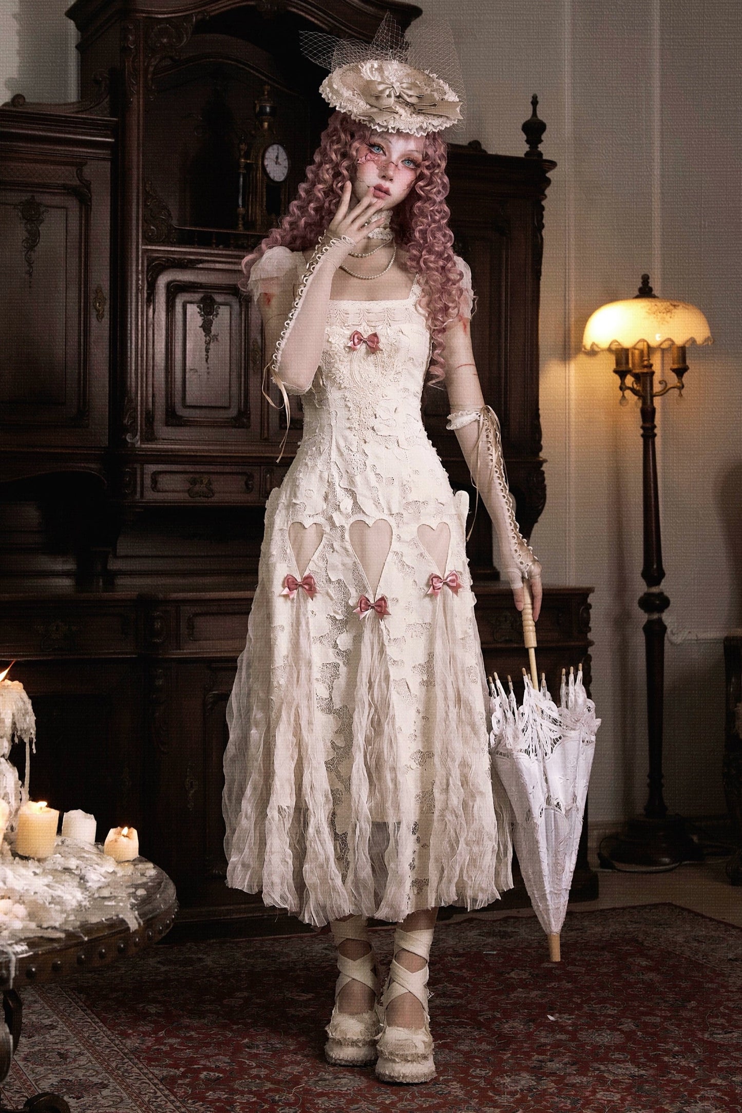 コットンラブハートリボンカットアウトレーススリップドレス