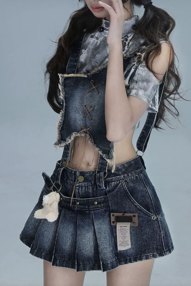 Y2Kスターデニムオーバーオールスカート+インナートップス