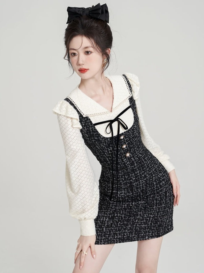 Robe camisole deux pièces en tweed serré de style français