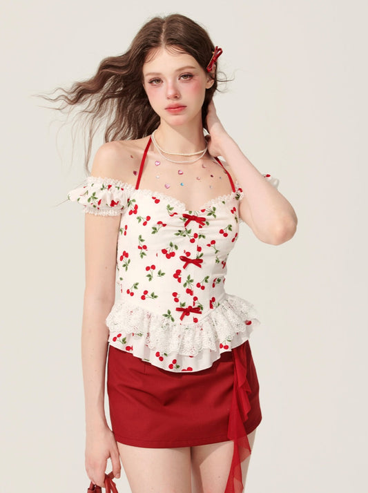 [May 31 at 20 o'clock on sale] less dazzling letter halterneck shoulder lace ruffle white T-shirt