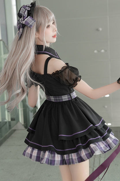 다크 카와이 체크 로리타 원피스 + 레그 워머