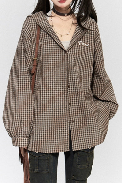 クールベアイヤーフードチェックシャツ
