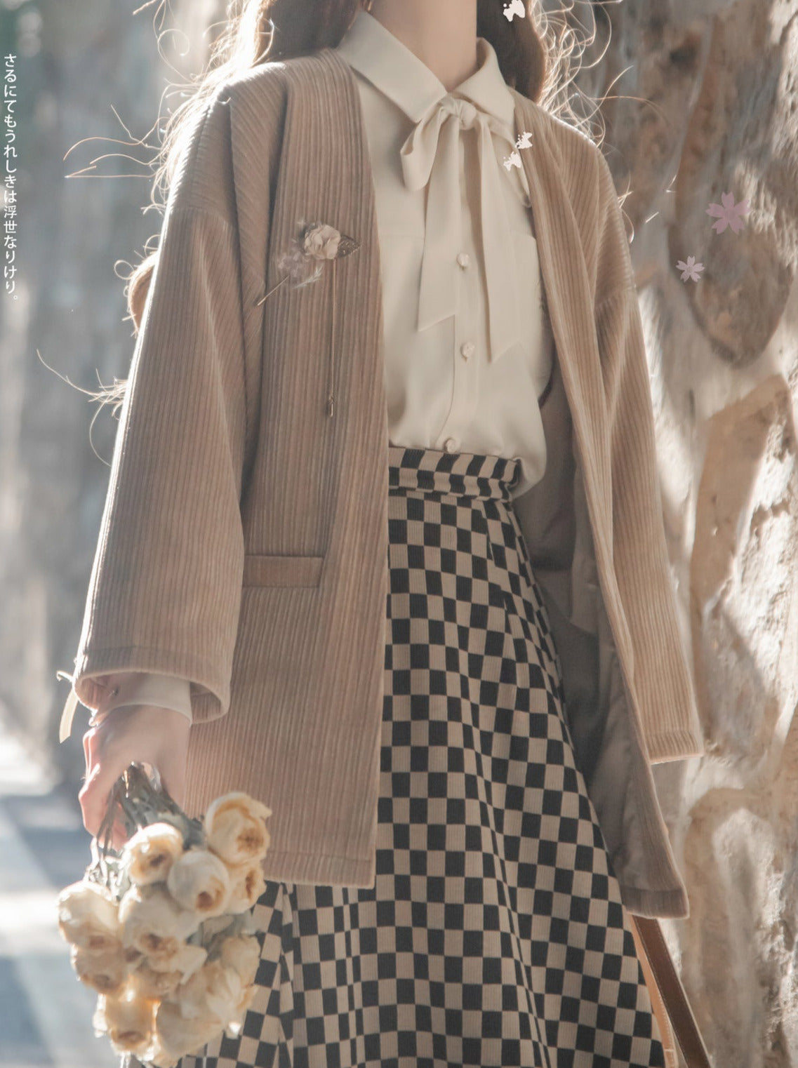 cherry note Showa retro feather jacket + chiffon ribbon shirt + checkered skirt + dark gray skirt + brooch