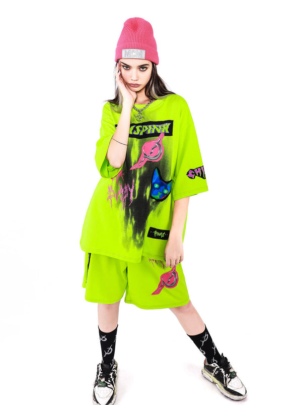 Electric Muongraphic Cat Print Street T -shirt + Short Pants