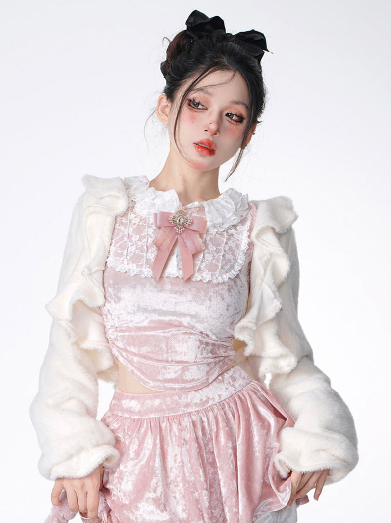 Princess Pink Velvet Lace Slim Top + Skirt + Fur Short Jacket