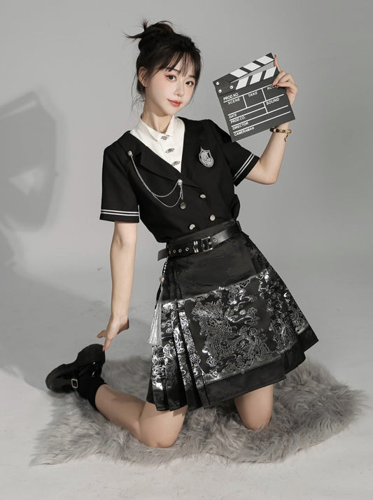 Jin Mu Jin Mu: Yuncheng National Style New Chinese Style Top, Short Horse Face Skirt Set, Women's Summer Small Man Skirt